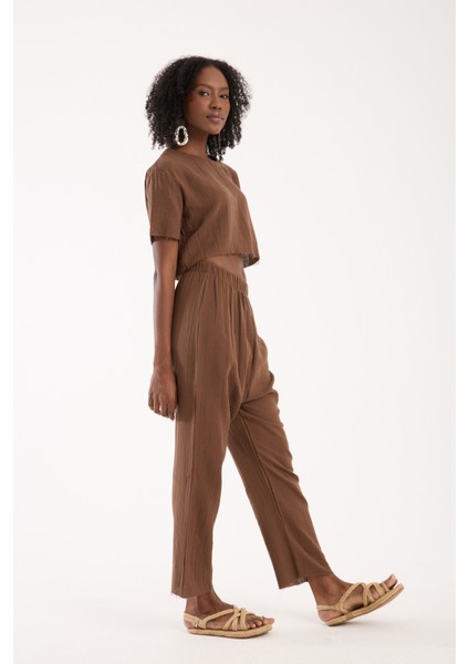 Kahverengi Müslin %100 Pamuk Şalvar Pantolon Kadın Günlük Bohem Tarz Rahat modelleri