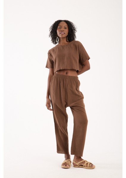 Kahverengi Müslin %100 Pamuk Şalvar Pantolon Kadın Günlük Bohem Tarz Rahat indirimleri