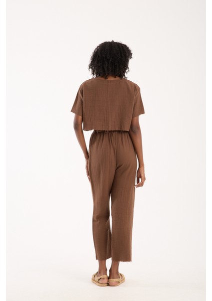 Kahverengi Müslin %100 Pamuk Şalvar Pantolon Kadın Günlük Bohem Tarz Rahat