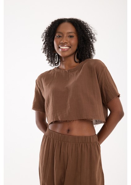 Kahverengi Müslin %100 Pamuk Şalvar Pantolon Kadın Günlük Bohem Tarz Rahat