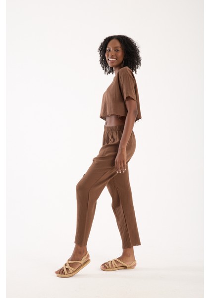 Kahverengi Müslin %100 Pamuk Şalvar Pantolon Kadın Günlük Bohem Tarz Rahat
