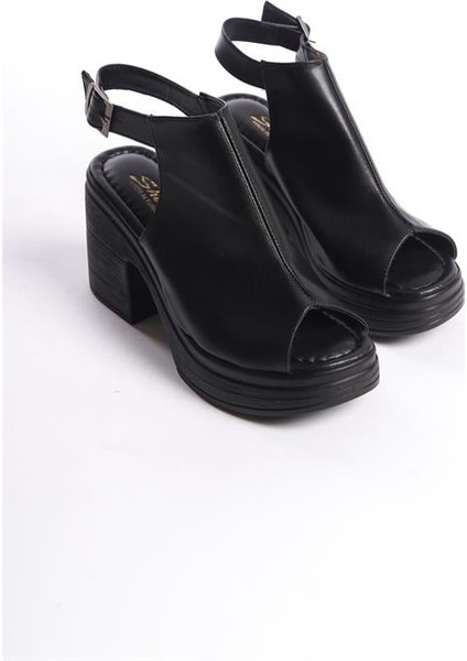 Kadın Siyah Bilekten Bağlamalı Önu Acık Ortopedik Tabanlı Platform Topuk Ayakkabı