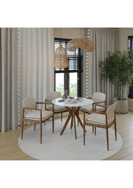 90X90CM Yuvarlak Masa Beyaz-Ceviz Mutfak Masası-Balkon Masası Pera Model