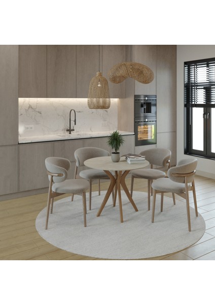 90X90CM Yuvarlak Masa Traverten-Ceviz Mutfak Masası-Balkon Masası Pera Model