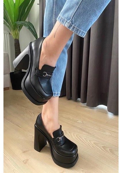 Kadın Siyah Deri Ince Tokalı Lofer Model 12 cm Platform Topuklu Ayakkabı fiyatları