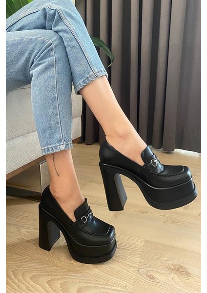 Kadın Siyah Deri Ince Tokalı Lofer Model 12 cm Platform Topuklu Ayakkabı indirimleri