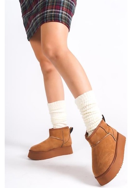 Kadın Taba Süet Içi Kürklü Kalın Tabanli (4,5 cm ) Mini Kısa Bot