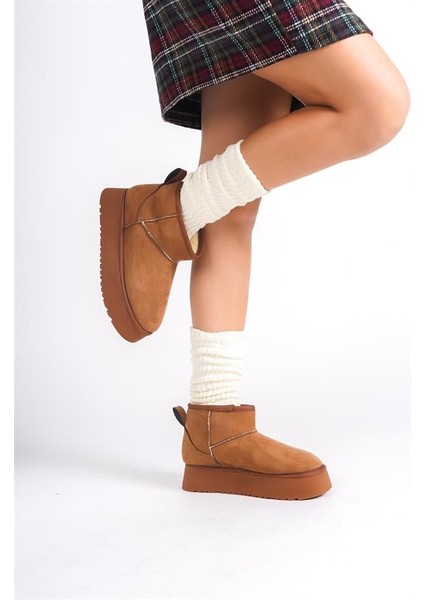 Kadın Taba Süet Içi Kürklü Kalın Tabanli (4,5 cm ) Mini Kısa Bot modelleri