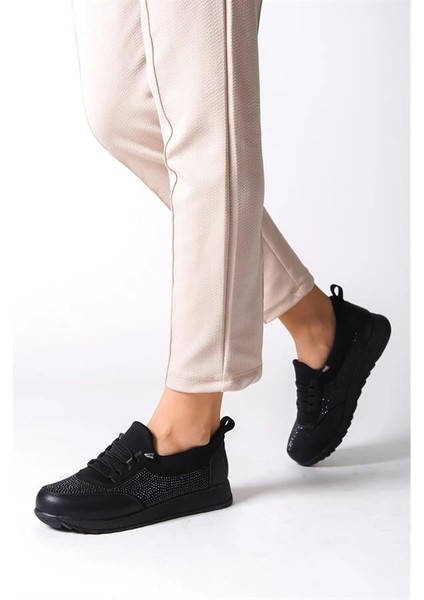 Kadın Siyah Taşlı Bağcıklı Lastikli Ortopedik Rahat Taban Taş Detaylı Günlük Babet Anne Ayakkabısı