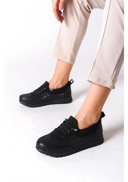 Kadın Siyah Taşlı Bağcıklı Lastikli Ortopedik Rahat Taban Taş Detaylı Günlük Babet Anne Ayakkabısı fiyatları