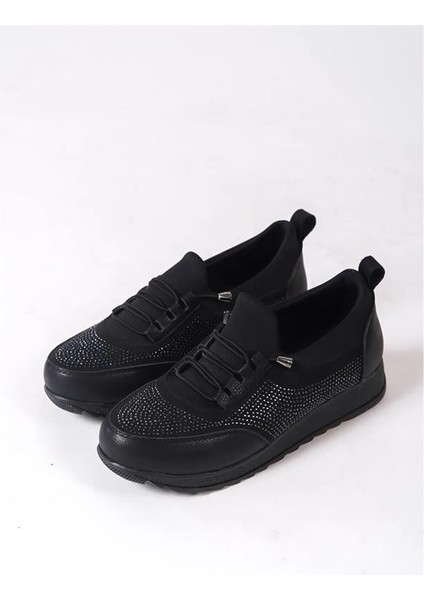 Kadın Siyah Taşlı Bağcıklı Lastikli Ortopedik Rahat Taban Taş Detaylı Günlük Babet Anne Ayakkabısı fırsatları