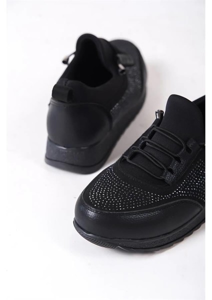 Kadın Siyah Taşlı Bağcıklı Lastikli Ortopedik Rahat Taban Taş Detaylı Günlük Babet Anne Ayakkabısı indirimleri