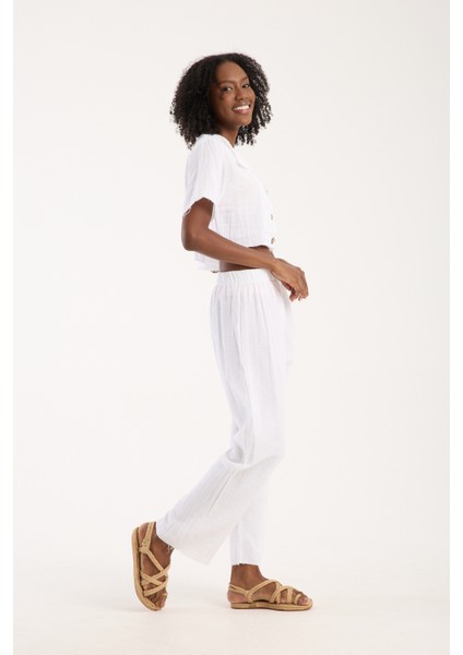 Beyaz Müslin %100 Pamuk Şalvar Pantolon Kadın Günlük Bohem Tarz Rahat