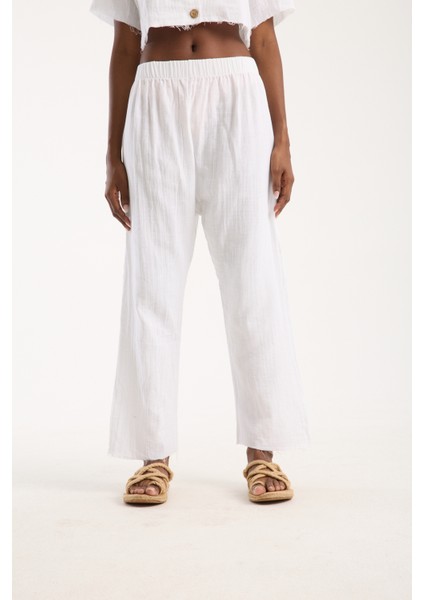 Beyaz Müslin %100 Pamuk Şalvar Pantolon Kadın Günlük Bohem Tarz Rahat