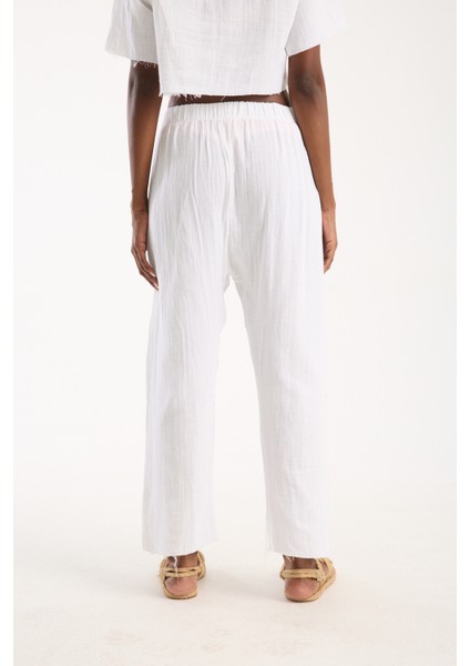 Beyaz Müslin %100 Pamuk Şalvar Pantolon Kadın Günlük Bohem Tarz Rahat