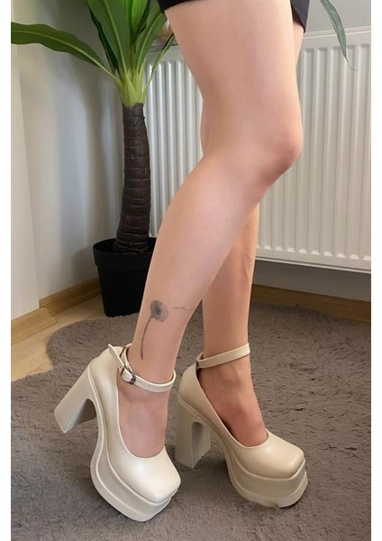 Kadın Krem Cilt Bilekten Bağlamal (12 cm ) Platform Topuklu Ayakkabı fiyatları