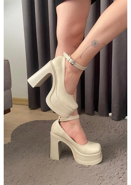 Kadın Krem Cilt Bilekten Bağlamal (12 cm ) Platform Topuklu Ayakkabı fırsatları
