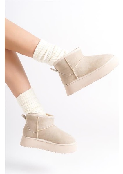 Kadın Krem Süet Içi Kürklü Kalın Tabanli (4,5 cm ) Mini Kısa Bot fiyatları