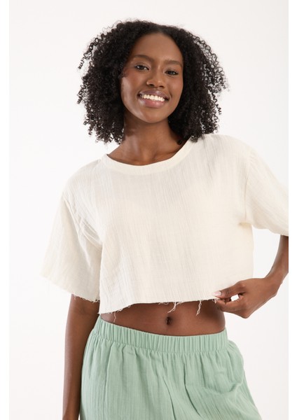 Kadın Günlük Boho Tarz Fildişi Müslin Crop Bluz Modern Rahat Üst (S)
