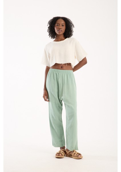 Kadın Günlük Boho Tarz Fildişi Müslin Crop Bluz Modern Rahat Üst (S) fiyatları