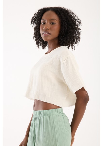 Kadın Günlük Boho Tarz Fildişi Müslin Crop Bluz Modern Rahat Üst (S) modelleri