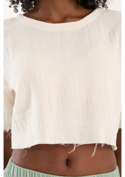 Kadın Günlük Boho Tarz Fildişi Müslin Crop Bluz Modern Rahat Üst (S)