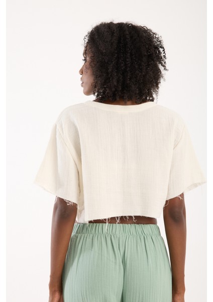 Kadın Günlük Boho Tarz Fildişi Müslin Crop Bluz Modern Rahat Üst (S)