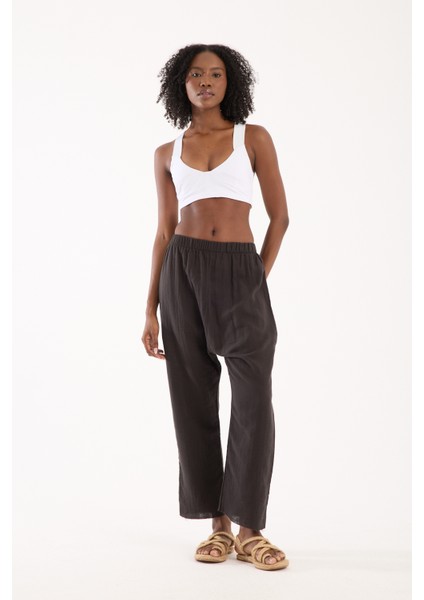 Siyah Müslin %100 Pamuk Şalvar Pantolon Kadın Günlük Bohem Tarz Rahat