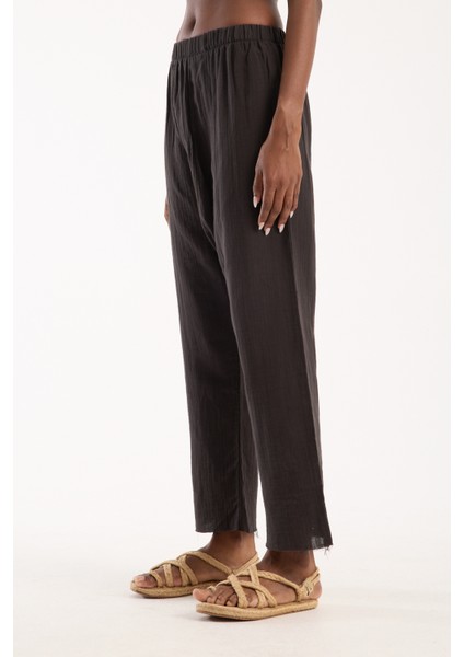 Siyah Müslin %100 Pamuk Şalvar Pantolon Kadın Günlük Bohem Tarz Rahat