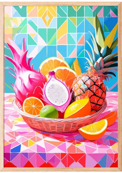 Ahşap Çerçeveli Tablo, Geometrik Renkli Meyve Tasarımı, Mutfak Dekoru Poster No: 113368