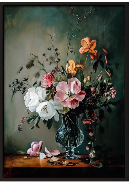 Siyah Çerçeveli Tablo, Siyah Zemin Zarif Çiçek Deseni, Yatak Odası Dekoru Poster No: 108924