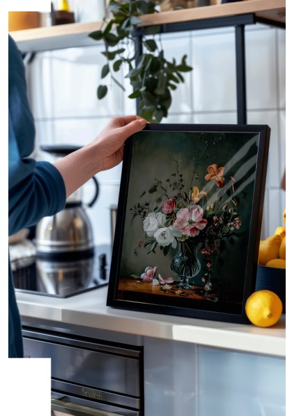 Siyah Çerçeveli Tablo, Siyah Zemin Zarif Çiçek Deseni, Yatak Odası Dekoru Poster No: 108924 modelleri