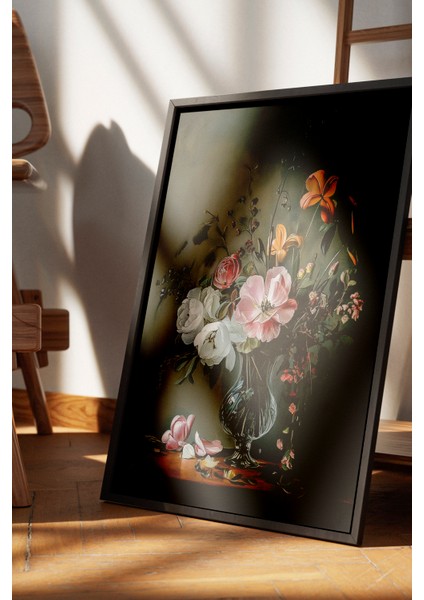 Siyah Çerçeveli Tablo, Siyah Zemin Zarif Çiçek Deseni, Yatak Odası Dekoru Poster No: 108924 fırsatları