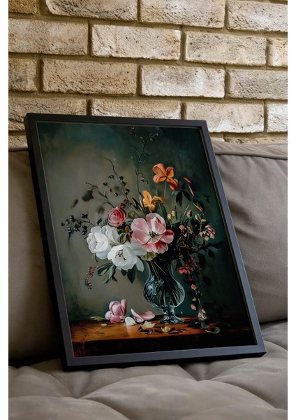 Siyah Çerçeveli Tablo, Siyah Zemin Zarif Çiçek Deseni, Yatak Odası Dekoru Poster No: 108924 indirimleri