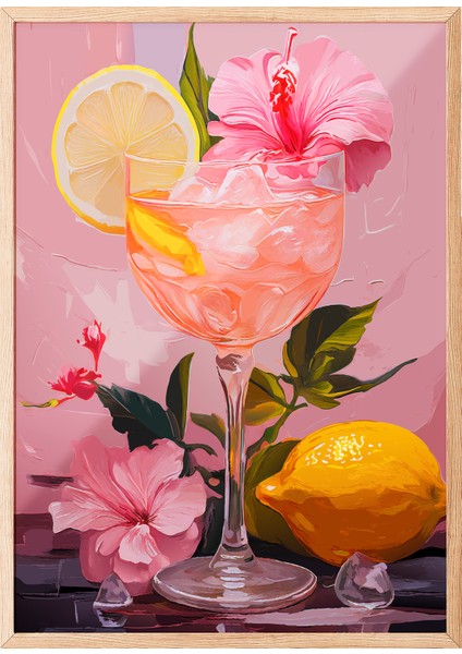 Ahşap Çerçeveli Tablo, Pembe Arka Plan Limonlu Içecek Çizimi, Mutfak Dekoru Poster No: 113370