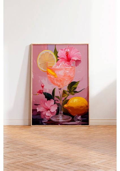 Ahşap Çerçeveli Tablo, Pembe Arka Plan Limonlu Içecek Çizimi, Mutfak Dekoru Poster No: 113370 modelleri