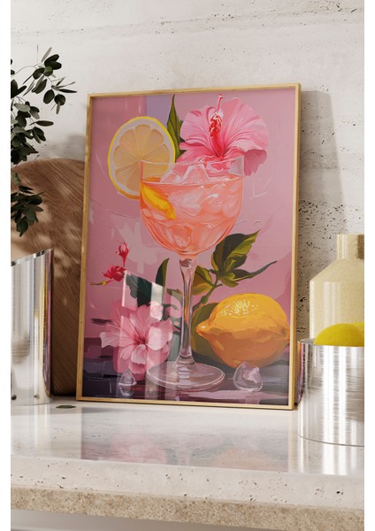Ahşap Çerçeveli Tablo, Pembe Arka Plan Limonlu Içecek Çizimi, Mutfak Dekoru Poster No: 113370 fırsatları