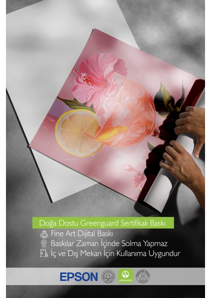 Ahşap Çerçeveli Tablo, Pembe Arka Plan Limonlu Içecek Çizimi, Mutfak Dekoru Poster No: 113370