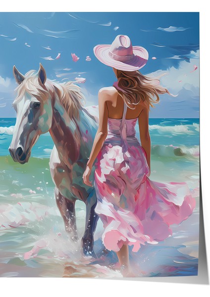 Çerçevesiz Poster, Deniz Kenarında Şapkalı Kadın, Salon Dekoru Poster No: 113721