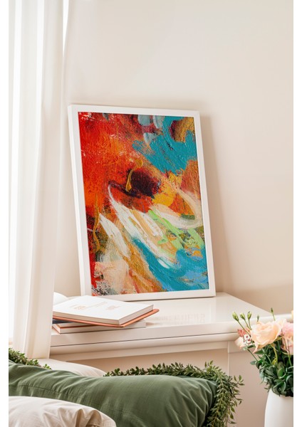 Beyaz Çerçeveli Tablo, Canlı Renkli Fırça Darbeleri Soyut Tasarım, Ofis Dekoru Poster No: 113552 fiyatları