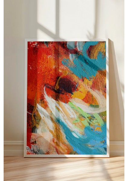Beyaz Çerçeveli Tablo, Canlı Renkli Fırça Darbeleri Soyut Tasarım, Ofis Dekoru Poster No: 113552 modelleri