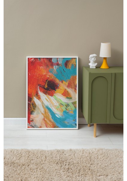 Beyaz Çerçeveli Tablo, Canlı Renkli Fırça Darbeleri Soyut Tasarım, Ofis Dekoru Poster No: 113552 fırsatları