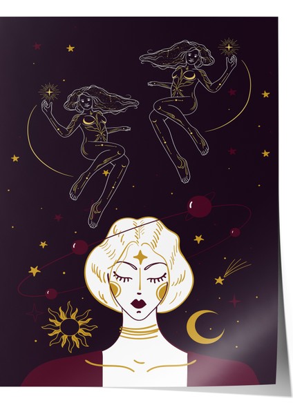 Çerçevesiz Poster, Burç ve Kadın Figürü Illüstrasyonu, Genç Odası Dekoru Poster No: 113884