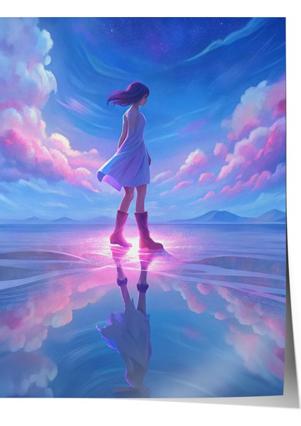 Çerçevesiz Poster, Gökyüzünde Yürüyen Kız Dijital Tasarım, Genç Odası Dekoru Poster No: 113848