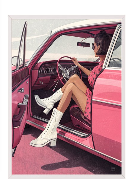 Beyaz Çerçeveli Tablo, Pembe Retro Araba ve Kadın, Genç Odası Dekoru Poster No: 113729