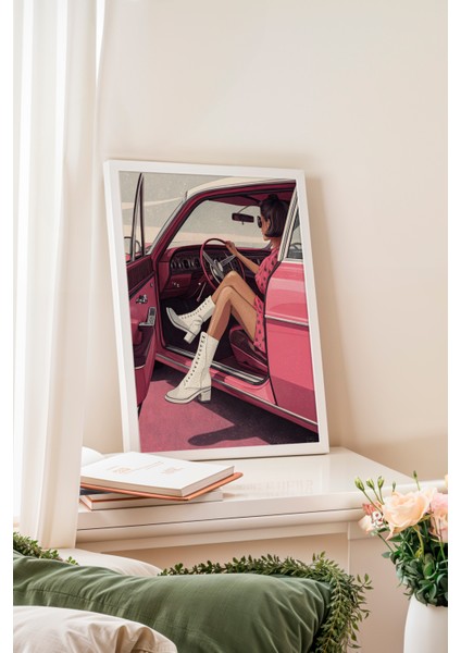 Beyaz Çerçeveli Tablo, Pembe Retro Araba ve Kadın, Genç Odası Dekoru Poster No: 113729 fiyatları