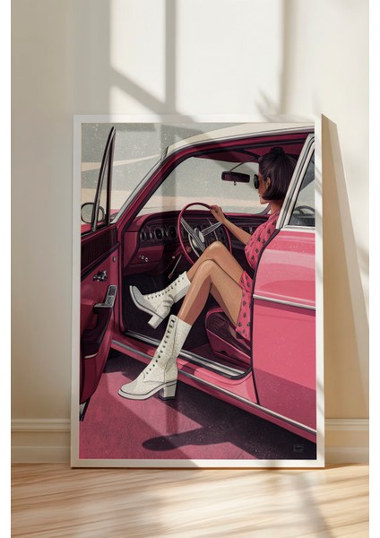 Beyaz Çerçeveli Tablo, Pembe Retro Araba ve Kadın, Genç Odası Dekoru Poster No: 113729 modelleri