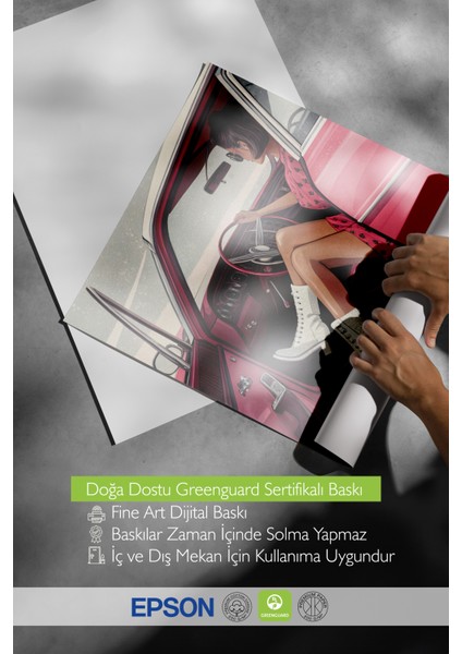 Beyaz Çerçeveli Tablo, Pembe Retro Araba ve Kadın, Genç Odası Dekoru Poster No: 113729