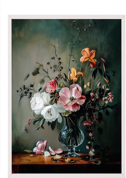 Beyaz Çerçeveli Tablo, Siyah Zemin Zarif Çiçek Deseni, Yatak Odası Dekoru Poster No: 108924