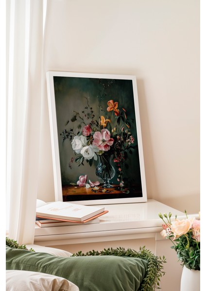 Beyaz Çerçeveli Tablo, Siyah Zemin Zarif Çiçek Deseni, Yatak Odası Dekoru Poster No: 108924 fiyatları